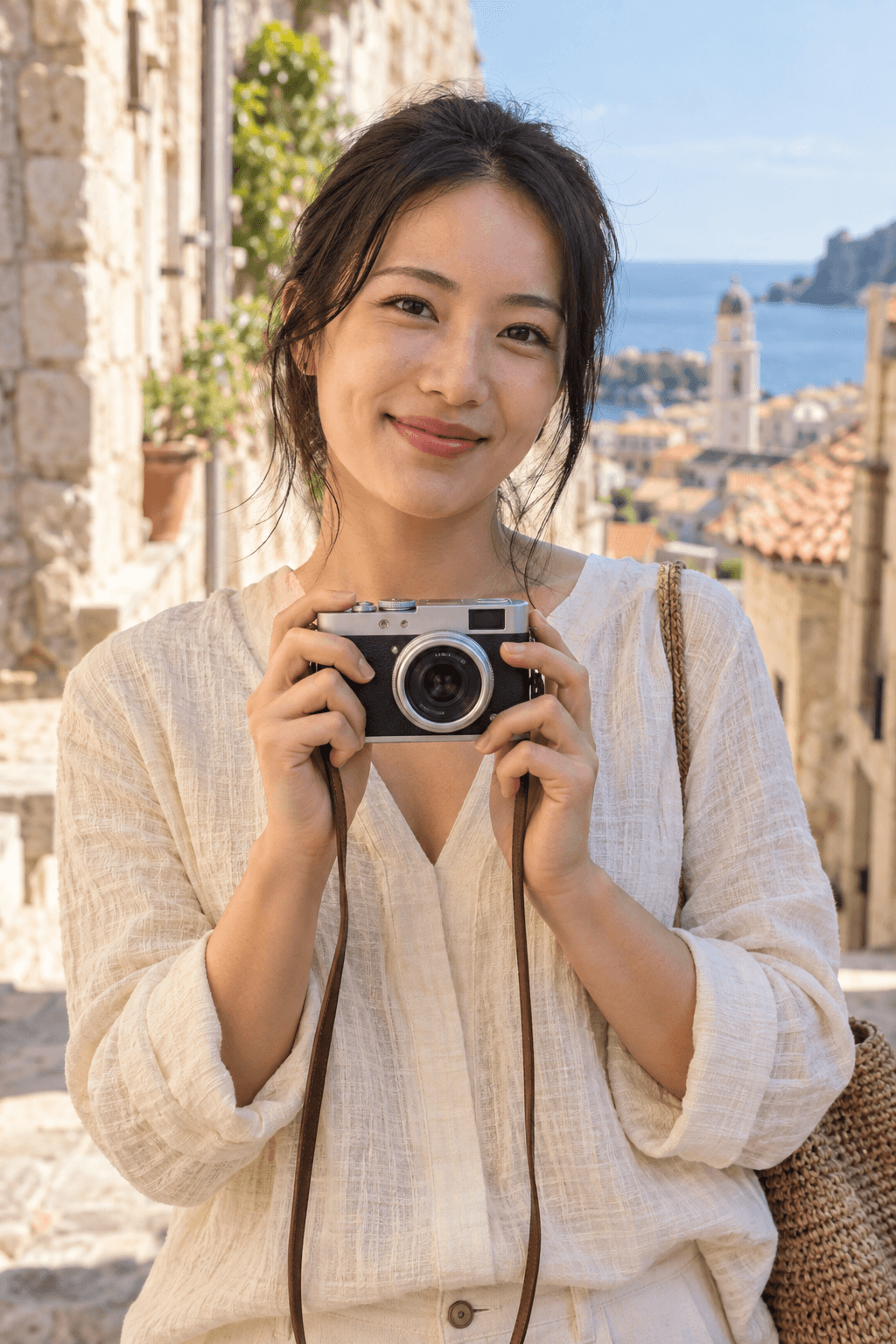 A creator holding a silver compact camera on a sunlit coastal street